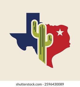Texas state map outline with star and desert cactus illustration, State map with cactus and western star vector, Texas silhouette with prickly pear cactus with western style, Western style Texas state map with cactus and star graphic, Minimalist Texas map design with desert culture and lone star