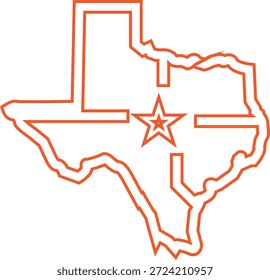 Esquema del mapa del estado de Texas con símbolo de estrella ilustración de arte de línea naranja