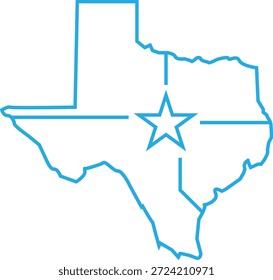 Esquema del mapa del estado de Texas con el símbolo de la estrella en el fondo blanco