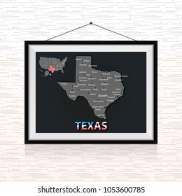 Texas State Map In The Photo Frame Hanged On The Wall 