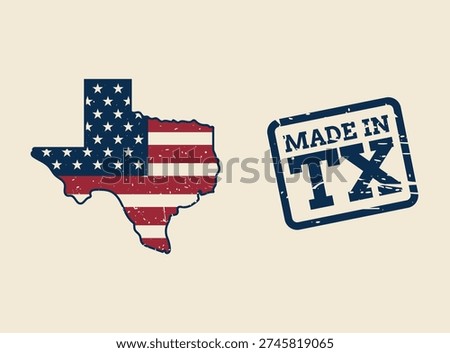 Texas State Map Silhouette with American Flag Pattern and Made in TX Stamp | Vintage Texas Patriotic Illustration with Grungy Made in TX Rubber Stamp | Texas State Outline USA Flag Design and Retro Manufacturing Logo