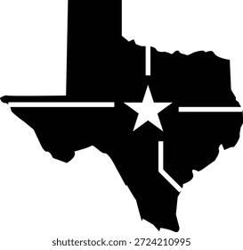 Mapa del estado de Texas con estrellas y líneas sobre fondo blanco