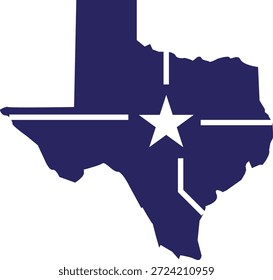 Texas state map with white star and lines on blue American state outline symbol