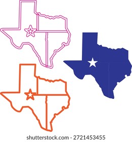 Mapas del estado de Texas en diferentes colores y estilos con la estrella América