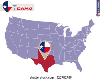 Texas State on USA Map. Texas flag and map. US States.