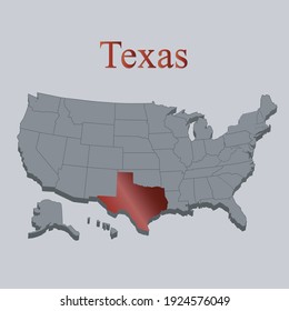 Texas State Red On Map Of United States Of America. US Map 3d.