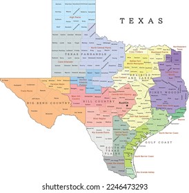 Texas state regions map with counties and subregions. Colored. Vectored