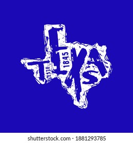 Texas state silhouette emblem with handwritten text. Design for t-shirt. White print on blue background