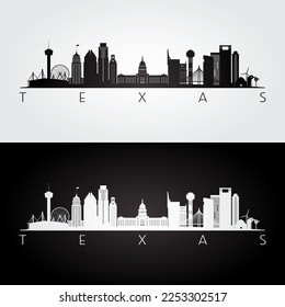 Texas state skyline and landmarks silhouette, black and white design. Vector illustration.