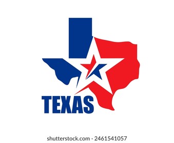 Texas state symbol, map icon with flag and star. Red, white and blue vector silhouette of Texas map in colors of lone star state flag. South Central region of USA country badge or t-shirt print