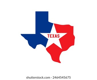 Texas state symbol, map icon with vector silhouette of Texas, red blue and white flag with star. USA country the lone state isolated badge for t-shirt print. Texas map badge in national flag colors