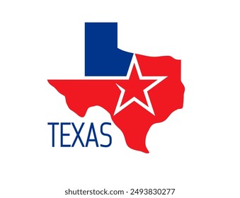 Símbolo del estado de Texas, icono del mapa, estrella solitaria con borde del territorio en colores rojo y azul. Emblema de Vector aislado que simboliza la unidad, la rica historia, la identidad cultural y el espíritu independiente del estado de Estados Unidos