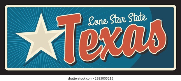 Texas State Reise Platte, USA Vintage Metall-Plakatwand. USA altes Schild, Schild mit einsternigem Stern, Retro-Typografie-Beschriftung, Vektorgrafik. Austin-Hauptstadt, alte Houston-Plakette