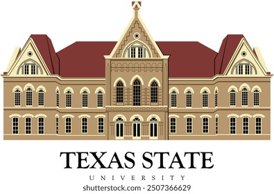 Texas State University Illustration des Hauptgebäudes mit High-End-Details und bereit für Druckdatei, San Marcos, Millview East, san antonio, runden Felsen, die Wälder, Houston, louisiana, texas