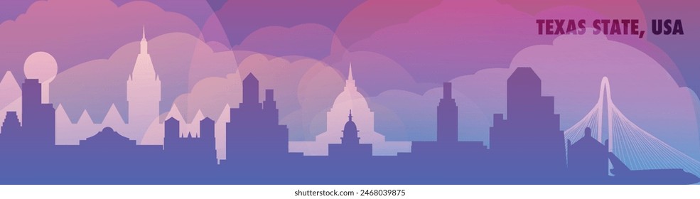 Texas state, USA skyline with cities panorama, gradient vector thin banner. Purple color Dallas, Houston, San Antonio, Austin, Fort Worth cityscape for footer, header, infographic, horizontal graphics