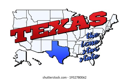 Texas-Zustand. Vektorgrafik mit US-Texas-Staat auf amerikanischer Karte mit Schrift. Touristische Grußkarte einzeln auf Weiß