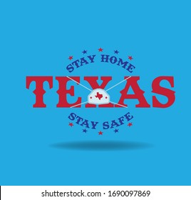 Texas stay home stay safe logo design concept, with small map and protection mask, Vector EPS