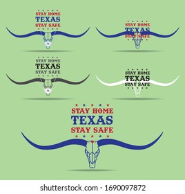 Texas stay home stay safe logo design concept, with longhorn, small map and protection mask, Vector EPS