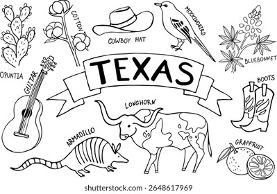 Texas symbols. Linear vector illustration set. Animals, plants and objects