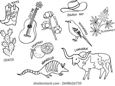 Texas symbols set. Animals, plants and objects. Vector illustration. Line art