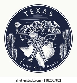 Texas. Tatouage et tee-shirt. Bienvenue au Texas (États-Unis). Le slogan de l'Etat de l'Étoile Solitaire. Concept de voyage