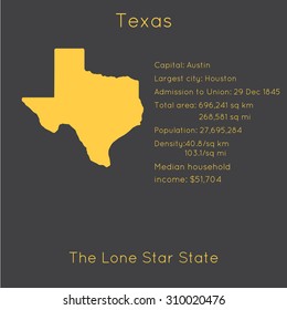 Texas template with main information and map. Simple modern flat style. Vector EPS8