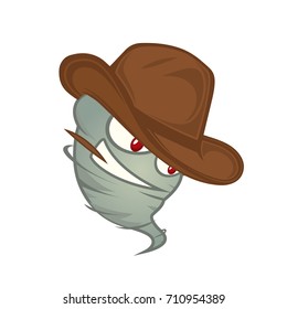 Texas tornado with red eyes in a cowboy hat with a toothpick in the teeth