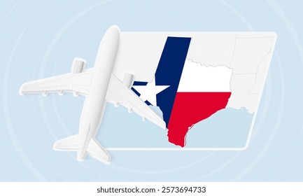 Texas Travel Illustration with Plane and National Flag. Ideal for travel agencies, promotional materials, or geographic content related to Texas.