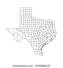 Texas, TX - detailed political map of US state. Administrative map divided into counties. Thin blank black outline map. Vector illustration