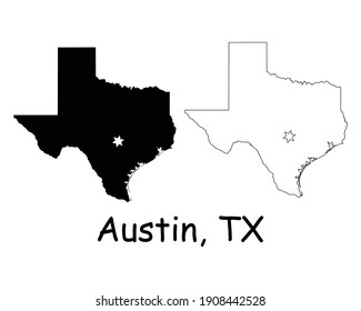 Texas TX State Map USA With Capital City Star At Austin. Black Silhouette And Outline Isolated Maps On A White Background. EPS Vector