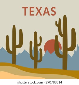 Texas Typography Graphics. Fashion stylish printing design for sportswear apparel. Western Desert Landscape Sunrise with cactus, sun, mountains. Concept in modern style for print production. Vector
