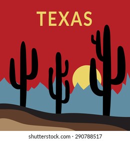 Texas Typography Graphics. Fashion stylish printing design for sportswear apparel. Western Desert Landscape Sunset with cactus, sun, mountains. Concept in modern style for print production. Vector