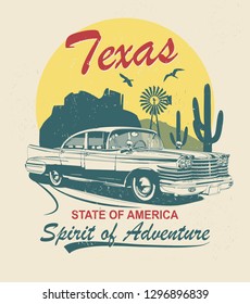 Texas typography for t-shirt print with sign route 66 and retro car.Vintage poster.