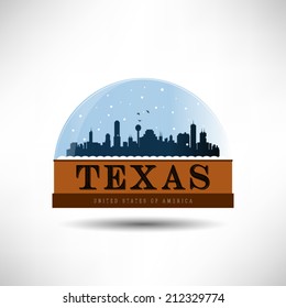 Texas, United States Of America City Skyline Silhouette In Snow Globe. Vector Design.