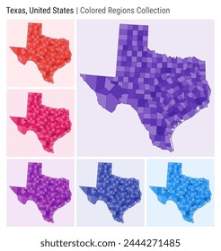 Texas, United States. Map collection. State shape. Colored counties. Deep Purple, Red, Pink, Purple, Indigo, Blue color palettes. Border of Texas with counties. Vector illustration.