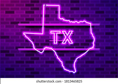 Texas US state glowing neon lamp sign. Realistic vector illustration. Purple brick wall, violet glow, metal holders.