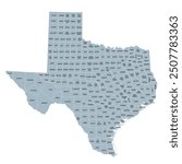 Texas, U.S. state, gray political map with borders and county names. State in the South Central region of the United States, subdivided into 254 counties. Nicknamed The Lone Star State. Illustration