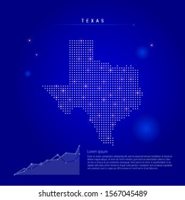 Texas US state illuminated map with glowing dots. Infographics elements. Dark blue space background. Vector illustration. Growing chart, lorem ipsum text.