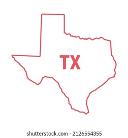 Texas US State Map Red Outline Border. Vector Illustration Isolated On White. Two-letter State Abbreviation. Editable Stroke. Adjust Line Weight.