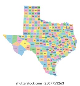 Texas, estado de EE.UU., mapa político multicolor con fronteras, nombres de condados y la capital Austin. Estado en la región Centro-Sur de los Estados Unidos, subdividido en 254 condados. Estado de la Estrella Solitaria.