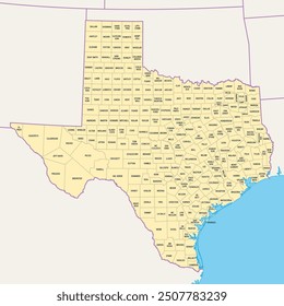 Texas, U.S. state, political map with borders and county names. State in the South Central region of the United States, subdivided into 254 counties. Nicknamed The Lone Star State. Illustration