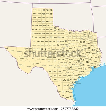 Texas, U.S. state, political map with borders and county names. State in the South Central region of the United States, subdivided into 254 counties. Nicknamed The Lone Star State. Illustration