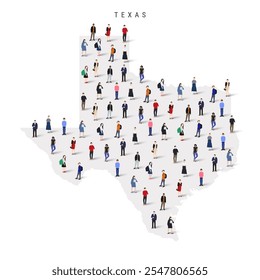 Texas US state population map. Large group of realistic a diverse crowd of people figures. Flat vector illustration isolated on white.