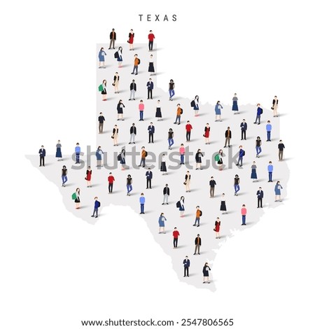 Texas US state population map. Large group of realistic a diverse crowd of people figures. Flat vector illustration isolated on white.