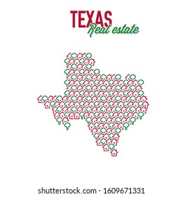 Texas US state realty creative concept. Icons of houses with gardens in the shape of a map of Texas. Vector illustration.