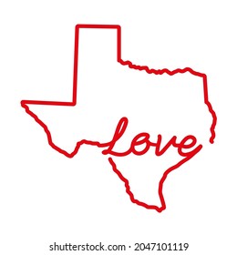 Texas US State Red Outline Map With The Handwritten LOVE Word. Continuous Line Drawing Of Patriotic Home Sign. A Love For A Small Homeland. Interior Decoration Idea. Vector Illustration.