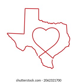 Texas US state red outline map with the handwritten heart shape. Continuous line drawing of patriotic home sign. A love for a small homeland. T-shirt print idea. Vector illustration.