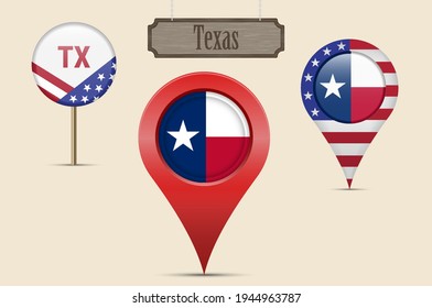 Texas US state round flag. Map pin, red map marker, location pointer. Hanging wood sign in vintage style. Vector illustration. American stars and stripes flag. Two-letter state abbreviation.