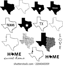 Juego de iconos de símbolo del mapa de Texas USA. Diseño de arte de vectores planos Clip Art Colección de logotipos de colección Dibujo de vectores