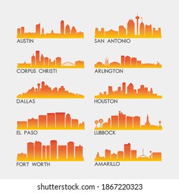 Texas, USA Skyline City Silhouette Design Collection. Vector Illustration Set Clip Art.